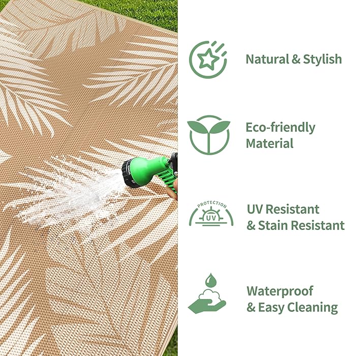 GENIMO Outdoor Rug 8' x 10' Waterproof for Patios Clearance, Reversible Outdoor Plastic Straw Camping Rug Carpet, Large Area Rugs Mats for RV, Camper, Deck, Balcony, Porch, Beach, Picnic, Brown&Beige