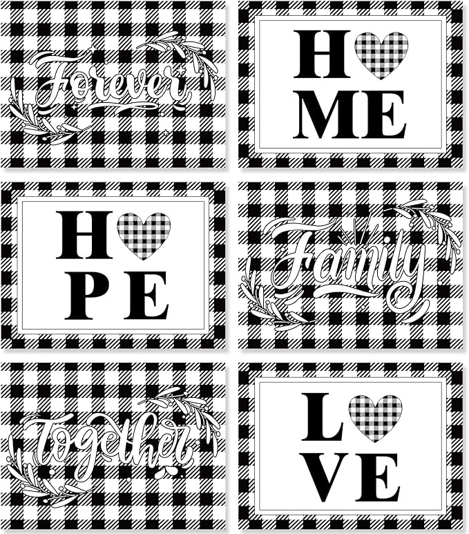 Love Family Placemats Set of 6 Buffalo Plaid Plastic Table Mats Black and White Plaid Place Mats Washable Vinyl Love Home Checkered Table Decoration for Indoor Outdoor Party Kitchen Dining