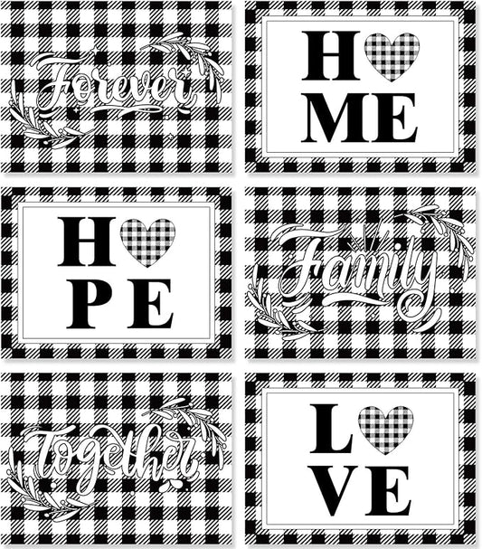 Love Family Placemats Set of 6 Buffalo Plaid Plastic Table Mats Black and White Plaid Place Mats Washable Vinyl Love Home Checkered Table Decoration for Indoor Outdoor Party Kitchen Dining