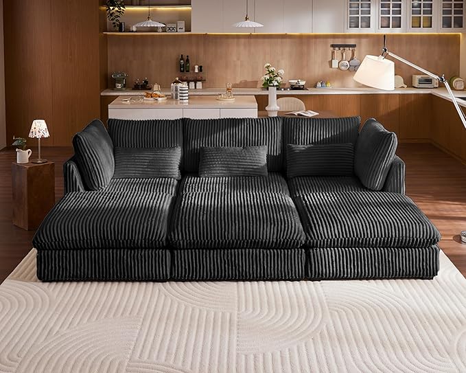 Oversized Modular Sofa, Extra Deep Cloud Corduroy Sectional Couch with Ottoman Chaise, Fluffy Chenille 6 Seater Couch Bed for Living Room, Villa (Sofa Bed 6 Seater, Corduroy Black)