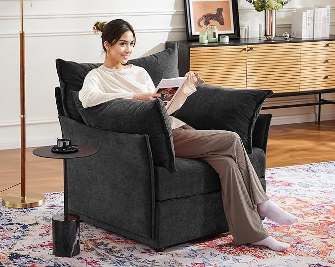 Oversized Accent Chair, Upholstered Modern Sofa Chair with Removable Backrest & Detachable Cover, 24.5" Deep Seat Large Reading Armchair for Living Room Bedroom Office - Chenille Black Set of 1