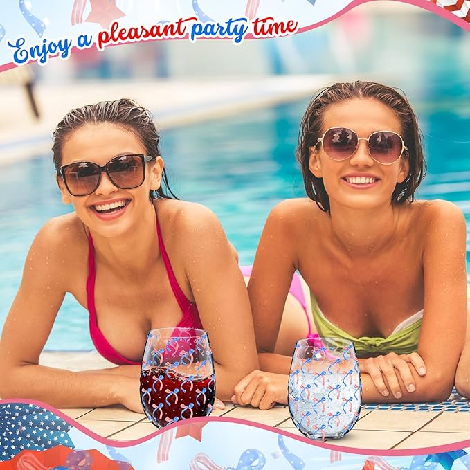 Sliner 2 Pack Patriotic Stemless Wine Glasses 17oz Red Blue Bow Drinking Glasses Independence Day Tumbler Cups for 4th of July Party Supplies Memorial Day Gift Decorations