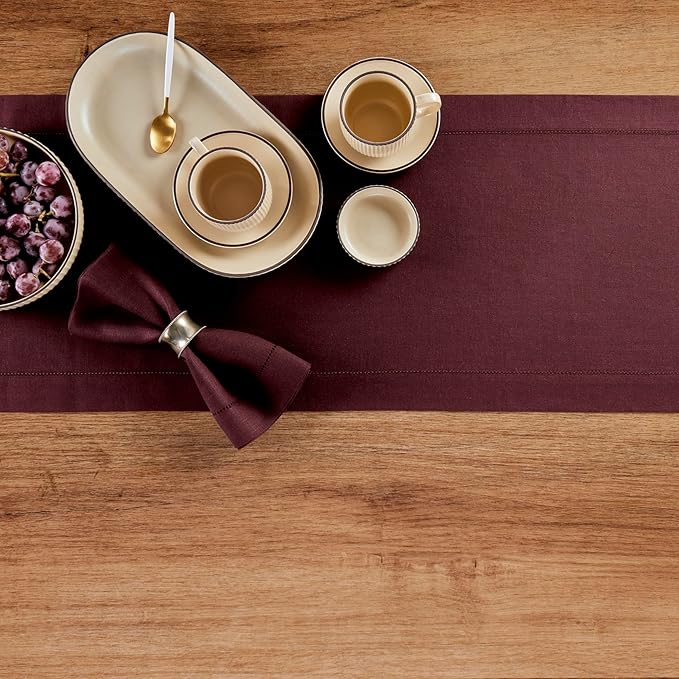 Solino Home Linen Burgundy Table Runner 108 Inches Long - 100% Pure Linen 14 x 108 Inch Table Runner for Fall, Autumn, Thanksgiving - Classic Hemstitch