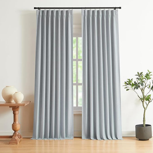 Vision Home Blue Gray Pinch Pleated Full Blackout Curtains Linen Blended Room Darkening Curtains 120 inch for Living Room Bedroom Thermal Insulated Pinch Pleat Drapes with Hooks 10ft 40" Wx120 Lx2