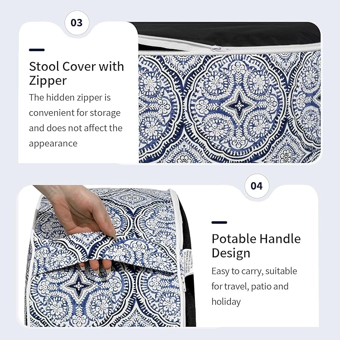 Inflatable Ottoman Stool D31 xH14 for Outdoor/Indoor Use, Water Repellent Patio Foot Rest Stool with Portable Handle,Round Pouf Ottoman Suitable for Garden,Deck and Camping - Medallion Blue