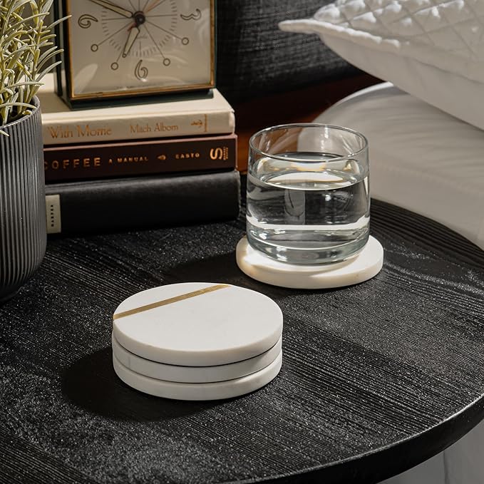 Cork & Mill Marble Coasters Set of 6 - Luxury Aesthetic Modern Decor for Coffee Table- White Marble with Gold Brass Inlay - Real Natural Semi Absorbent Stone Coasters