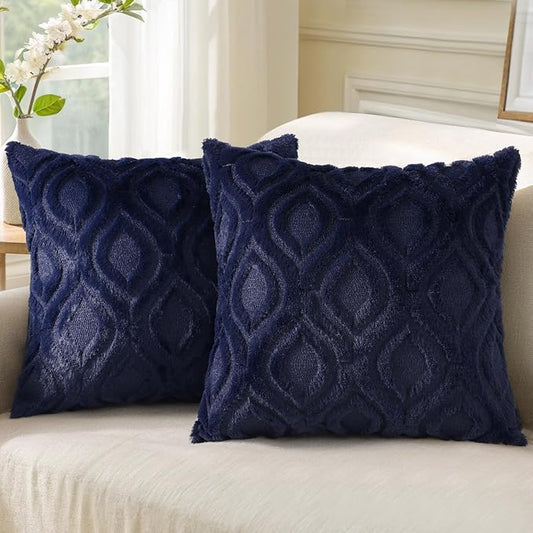 decorUhome Fall Throw Pillow Covers 26x26 Inch Set of 2, Soft Plush Decorative Faux Fur Navy Blue Solid Couch Pillow Covers, Accent Farmhouse Neutral Square Euro Pillow Cases for Sofa Bed Living Room