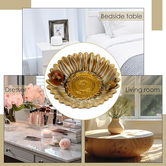 Sunflower Jewelry Dish Trinket Tray Ceramic Key Tray Bowl for Entryway Table, Sunflower Candy Dish Soap Holder Decorative Bowl for Home Decor Kitchen Sink Bathroom Counter (Bee, Ladybug)