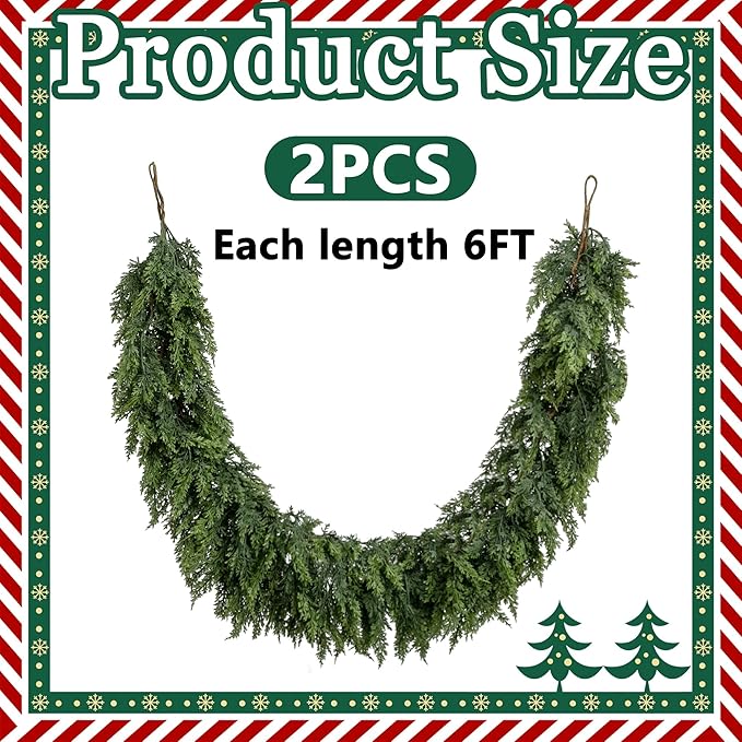 2 Pcs Christmas Norfolk Pine Garlands, 6 Ft Double Color Real Touch Artificial Cedar Garland, Faux Pine Cypress Greenery Garland Ornaments for Mantle Fireplace Table Indoor Outdoor Xmas Decoration