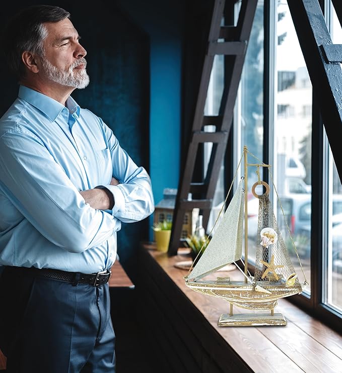 Puzzled Baja Haven Sailboat Decor - Handmade Beach Themed Wooden Boat Home Decor for Living Room Shelves, Tabletop, Desk, Cute Nautical Party Decorations - 14.5 Inches