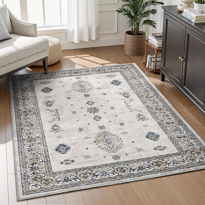 AMOAMI-Vintage Area Rug 4x6 Grey Rugs for Living Room-Soft Living Room Rug Non Slip Rugs for Bedroom Carpet Machine Washable Rug for Dining Room Bedside Office Room Decor