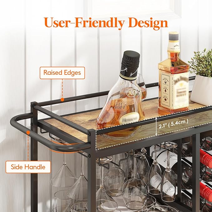 Lifewit Bar Cart for The Home, 3 Tier Drink Cart with Lockable Wheels, 12 Wine Rack and 3 Rows Glass Holders, Liquor Serving Cart for Kitchen Dining Livingroom, 31.6" x 13.1" x 33.9", Rustic Brown