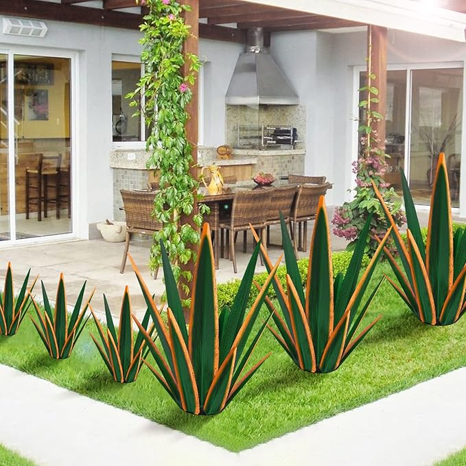 Large Tequila Rustic Sculpture, Rustic Metal Plants for Outdoor Patio Yard, Home Decor Hand Painted Agave Garden Statue, Outdoor Lawn Ornaments Yard Stakes (Dark Green - L)