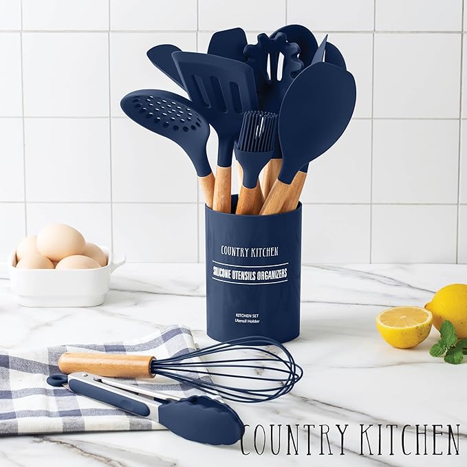 Country Kitchen Non Stick Silicone Utensil Set with Rounded Wood Handles for Cooking and Baking, 14 Piece Set, Navy