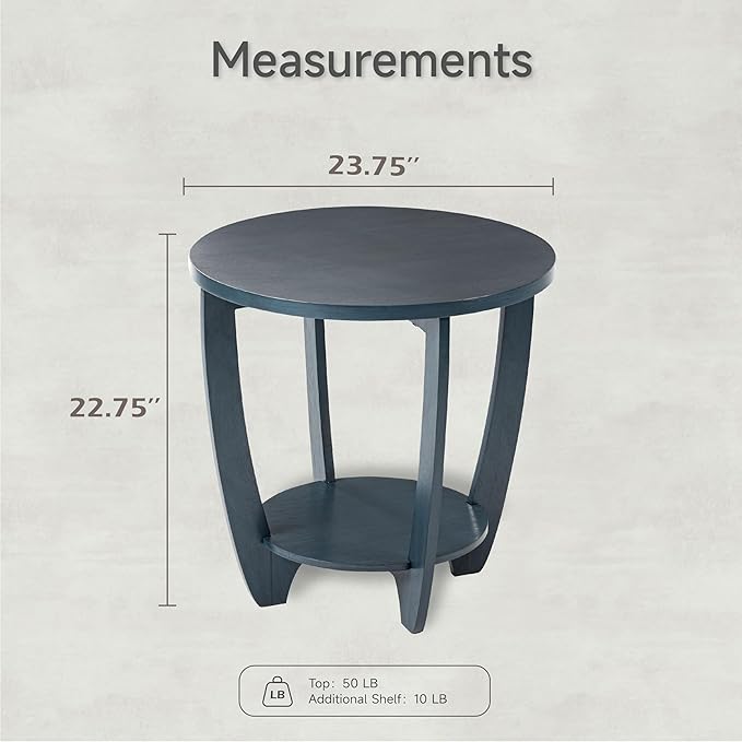 Rustic Farmhouse End Table with Storage Shelf, French Country Accent Side for Family, Dinning or Living Room, Small Spaces, Modern, Round, Vintage Blue Finish, Curved Leg