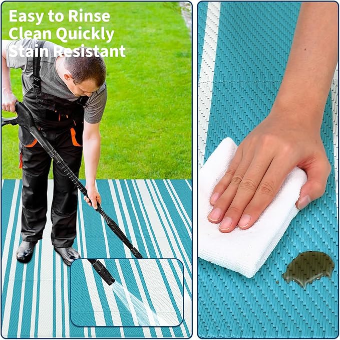 Waterproof Outdoor Rug 8x10 Contemporary Reversible Plastic Straw Rug, Easy Cleaning Striped Patio Carpet, UV-Resistant Indoor Outdoor Floor Cover for RV, Porch, Deck, Backyard, Light Blue