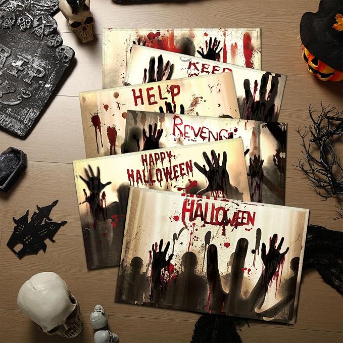 Umigy 6 Pcs Halloween Placemats 12"x18" Gothic Bat Placemats Kitchen Decoration Washable Witch Place Mats Rectangle Skull Table Mats for Halloween Dining Table Accessories (Bloody Hands Style)