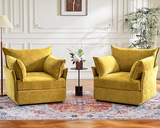 Oversized Accent Chair, Upholstered Modern Sofa Chair with Removable Backrest & Detachable Cover, 24.5" Deep Seat Large Reading Armchair for Living Room Bedroom Office-Chenille Yellow Set of 2