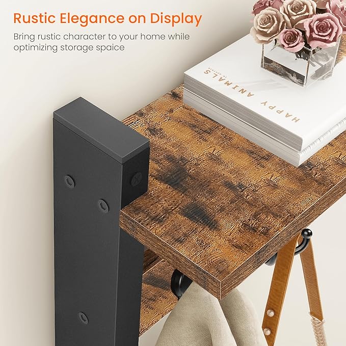 Homode Rustic Brown Wall Mount Coat Rack with Shelf and 5 Tri Hooks, Wood Coat Hangers for Hanging Hat, Towel, Purse, Jacket