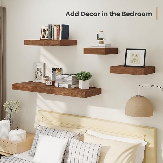 Heimlove 12 Inch Deep Floating Shelves, 12 x 12 inches Long Wall Shelf, Large Extra Display Shelf & Storage Shelf, Rustic Wood Wall Shelves for Fireplace Mantel, Walnut - 2Pack