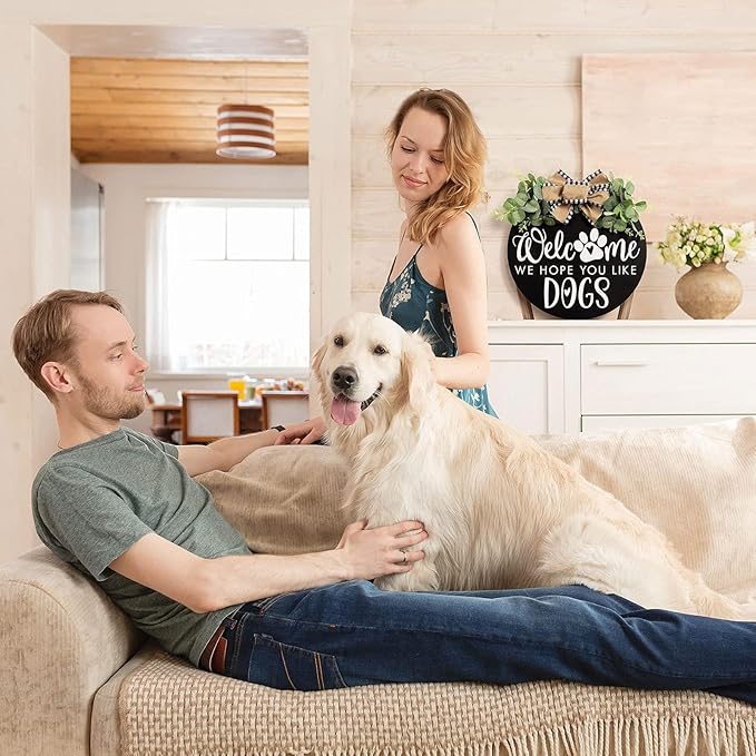 Welcome We Hope You Like Dogs Farmhouse Door Sign for Front Door Porch Decor with Eucalyptus Leaves & Buffalo Bow - Welcome Wreath Sign Hanging for Dogs Lovers Spring Summer Decor Housewarming Gift