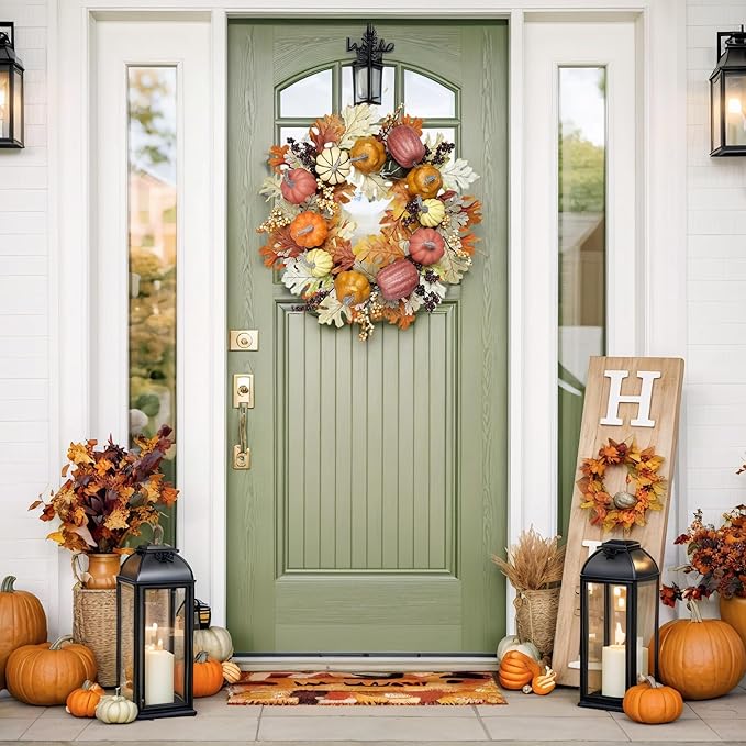 24 inch Fall Wreaths for Front Door Outside Autumn Wreath Fall Decorations for Home Decor Pumpkin Wreath for Farmhouse Holiday Thanksgiving Harvest Halloween Outdoor Indoors Fall Front Porch