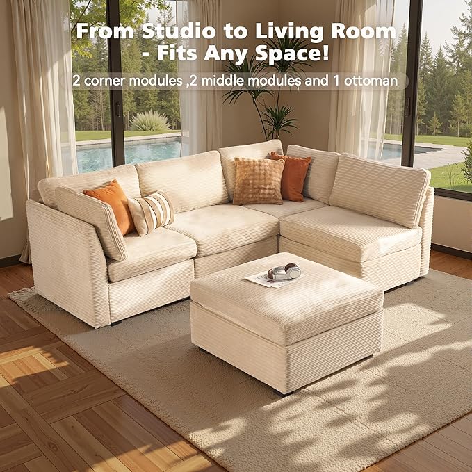 Modular Sectional Sofa, 130.7" L Shaped Couch Set for Living Room, 4-Seater Comfy Cloud Couches with Movable Ottoman, DIY Combination, Plush Corduroy, Beige