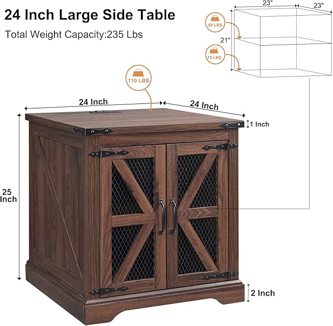 JXQTLINGMU Farmhouse End Table, 24" Large Sofa Side Table with Charging Station, Mesh Barn Door, and Adjustable Storage Shelf, Rustic Wood Square Nightstand for Living Room, Bedroom, Office, Brown