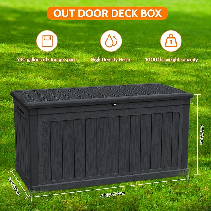 230 Gallon Double-Wall Resin Deck Box - Lockable Waterproof Outdoor Storage Box, 1000lbs Capacity & Doubles as Seating for Patio Furniture - Garden Tools, Pool Accessories (Black)