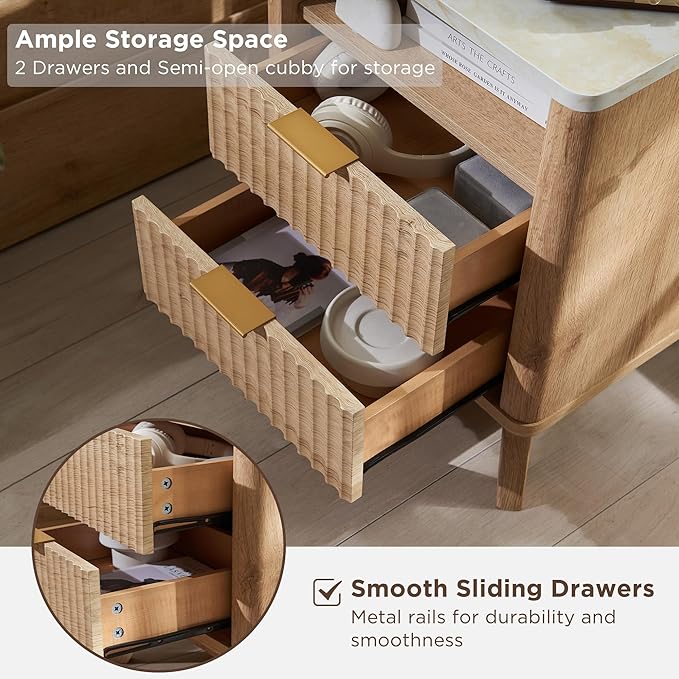 T4TREAM Fluted Nightstand Set of 2 with Charging Station, 18" Modern Side Table with Faux Marble Top, 2 Drawer End Table w/Storage, BedsideTable for Bedroom, Living Room, Curved Profile, Natural Oak