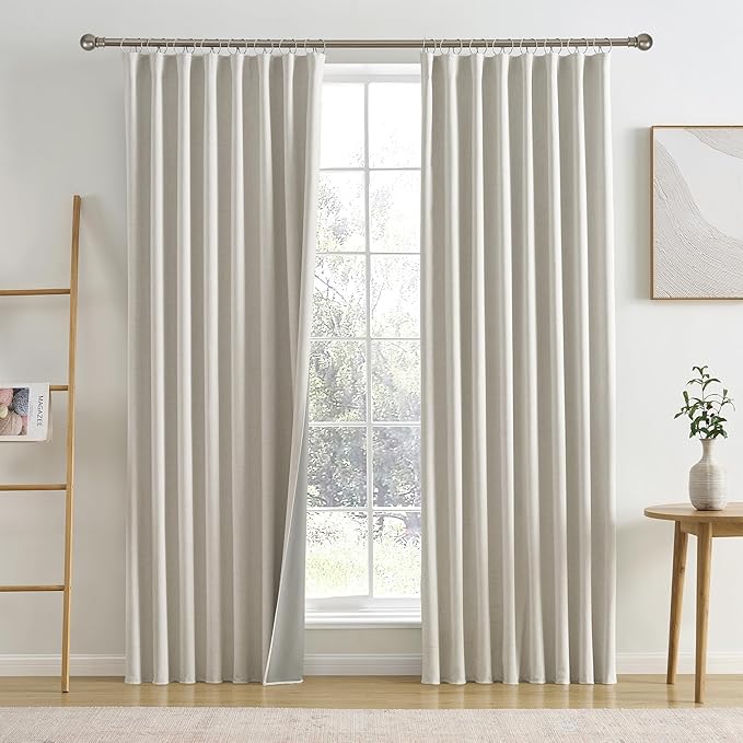 RAIN CITY Linen Blackout Curtain 90 Inches Long 2 Panels Set,Modern Neutral Black Out Hooks Drapes for Sliding Glass Door/Living Room Traverse Back Tab Cottagecore Nursery 50"x90" Natural Birch/Ivory