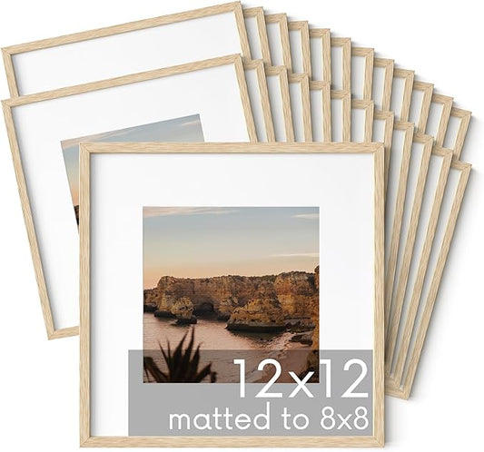 HAUS AND HUES Square Picture Frames Set of 25 - Wooden 12x12 Frames with Mat, Gallery Wall Set (Beige Oak)