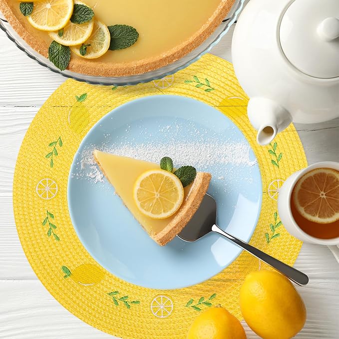 Whaline 4Pcs Round Placemats Lemon Embroidered Place Mats Summer Lemon Greenery Leaves Dinner Table Mats for Home Wedding Baby Shower Birthday Party Decor
