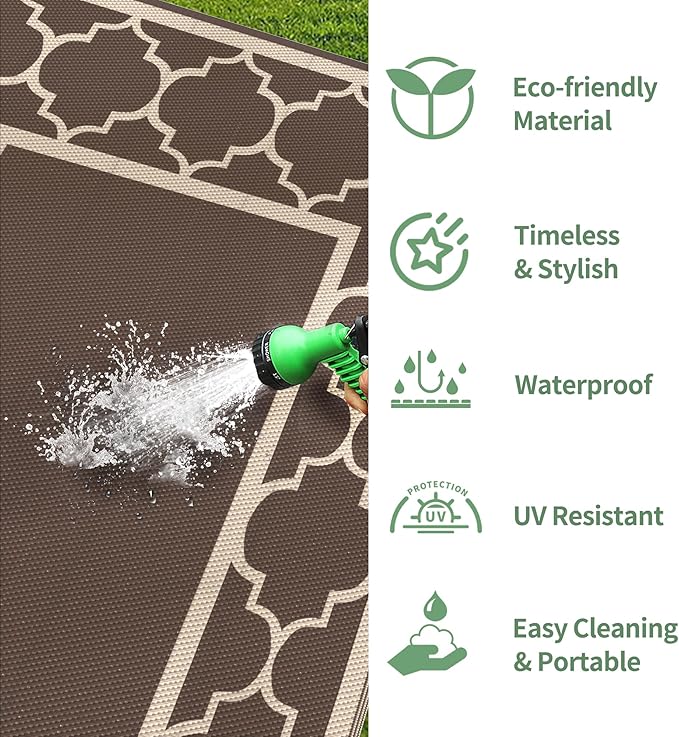 GENIMO 5' x 8' Outdoor Rug Waterproof for Patio Decor, Foldable Reversible Plastic Straw Area Rugs Mat for Camper, Outside Carpet for Rv, Deck, Porch, Picnic, Beach, Balcony, Coffee & Beige