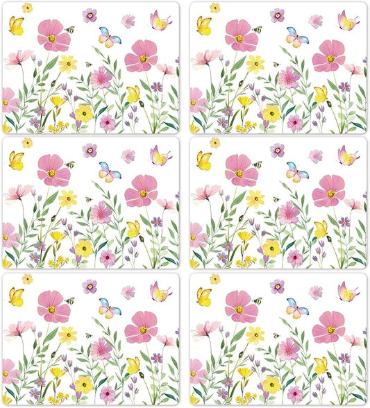 Spring Floral Butterfly Placemats Set of 6 Flower Summer Plastic Table Mats Wildflower Place Mats Washable Vinyl Rustic Holiday Table Decoration for Indoor Outdoor Party Kitchen Dining