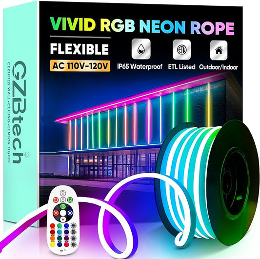 GZBtech RGB LED Neon Rope Lights 16.4FT/5M, AC 110-120V Waterproof Color Changing LED Rope with Remote Controller, Dimmable Multi Color Neon Rope Lighting for Indoor Outdoor Commercial Use