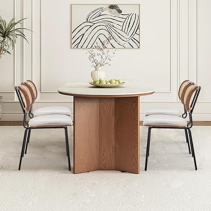 Rattan Dining Chairs Set of 2, Mid Century Modern Dining Chairs with Cane Back for Kitchen Dining Room, 19 Inch Faux Leather Beige