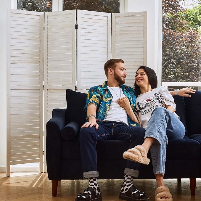 White Room Divider, Temporary Wall with Double Hinges, 5.6 Ft Tall Folding Louver Wood Screen for Home Office Bedroom Hotel Decoration (4 Panels, White-Washed)