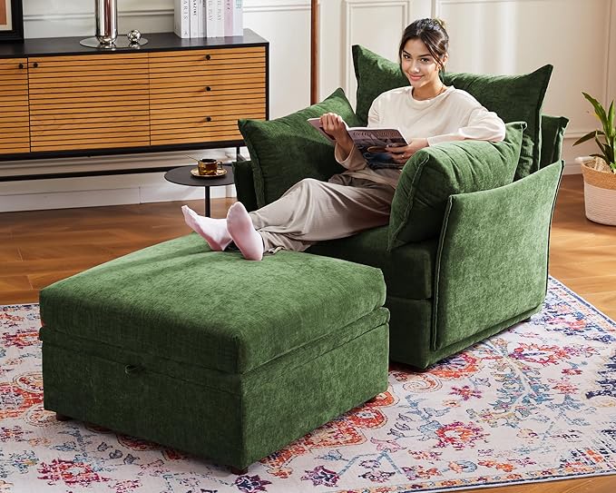 Oversized Loveseat Sofa, Modern Modular Sectional Couch Green Fluffy Chenille Mid Century 2-Seat 24.5" Deep Seat for Apartment, Living Room, Bedroom