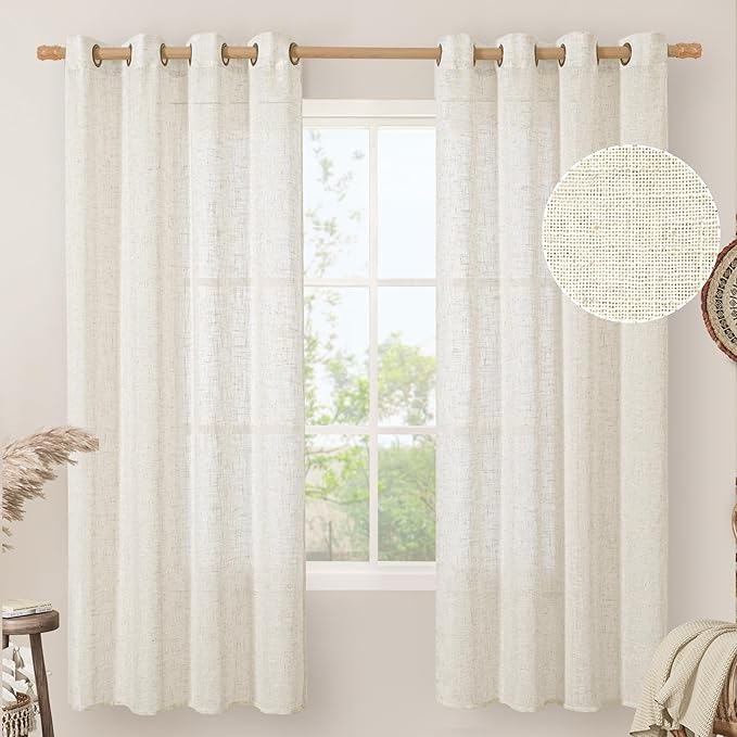 LAMIT Natural Ivory Linen Curtains 72 inches Long for Living Room, Soft Thick Semi Sheer Light Filtering Bronze Grommet Window Treatments Neutral Drapes for Bedroom, 2 Panels Set, 52 x 72 Inch