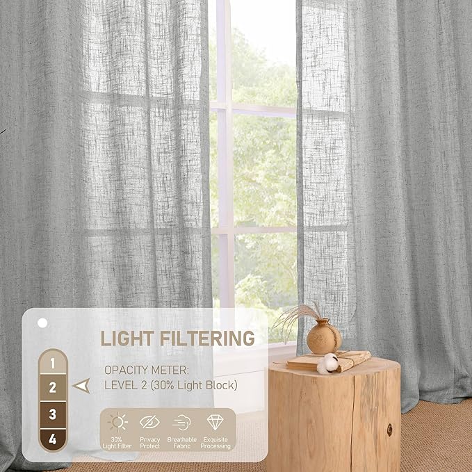 LAMIT Grey Linen Curtains 95 inch for Living Room, Semi Sheer Light Filtering Boho Window Textured Burlap Drapes with Bronze Grommet for Bedroom Farmhouse, 2 Panels Set, 52 x 95 Inch