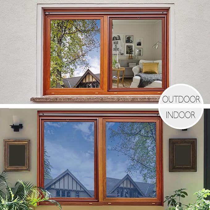 HIDBEA One Way Privacy Window Film, Daytime Mirror Reflective Heat Control UV Sun Blocking Non-Adhesive Static Cling Window Tint for Home and Office (Blue-Silver, 29.5 Inch x 6.5 Feet)