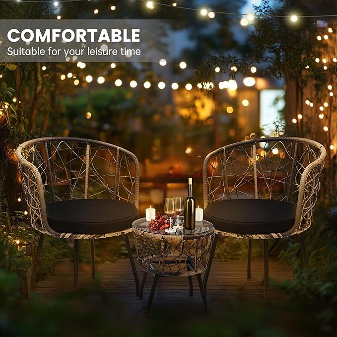 Kromax 3 Piece Bistro Set, Modern Outdoor Wicker Patio Furniture with Tempered Glass Table Top and 2 Chairs, Washable Cushions, Natural Rattan and Black Cushion