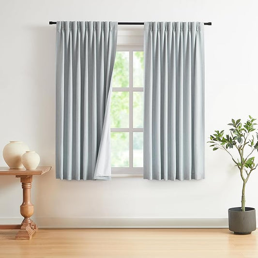 Vision Home Blue Gray Pinch Pleated Full Blackout Curtains Linen Blended Room Darkening Window Curtains 72 inch for Living Room Bedroom Thermal Insulated Pinch Pleat Drapes with Hooks 40" Wx72 Lx2