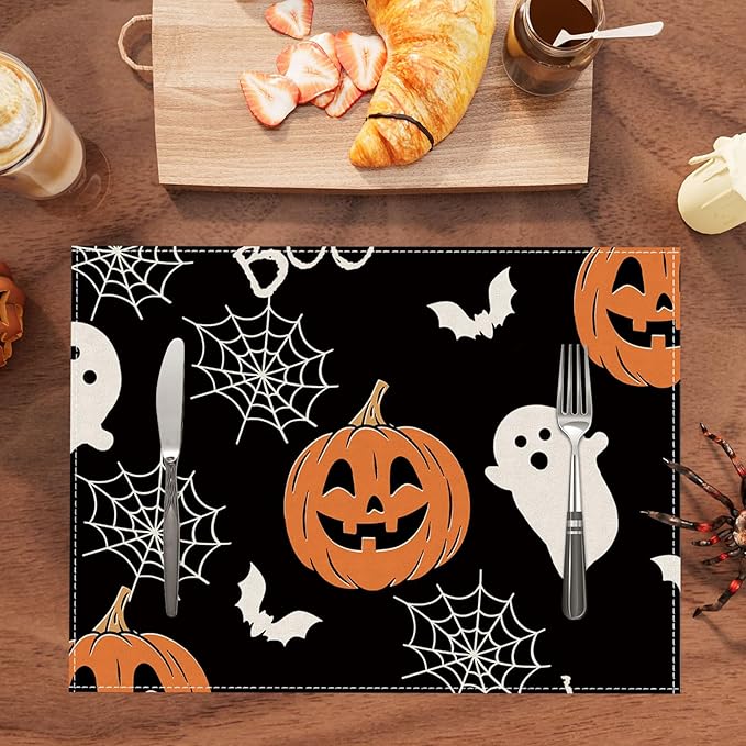 XCHI Boo Spooky Ghost Pumpkin Halloween Cloth Placemats Set of 6 Table Mats Table Decorations 12x18 Inch