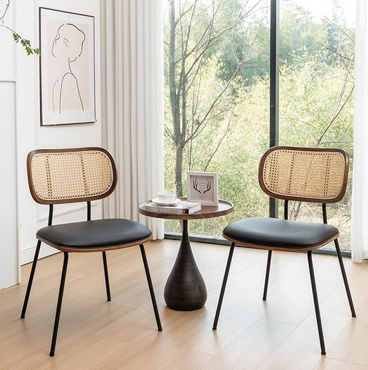 Rattan Dining Chairs Set of 2, Mid Century Modern Dining Chairs with Cane Back for Kitchen Dining Room, 19 Inch Faux Leather Black