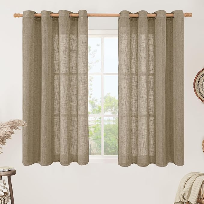 LAMIT Taupe Linen Sheer Curtains 54 Inches Long, Light Filtering Panels Bronze Grommet Country Decor Drapes for Bathroom/Window/Bedroom, 2 Panels Set, 52 x 54 Inch