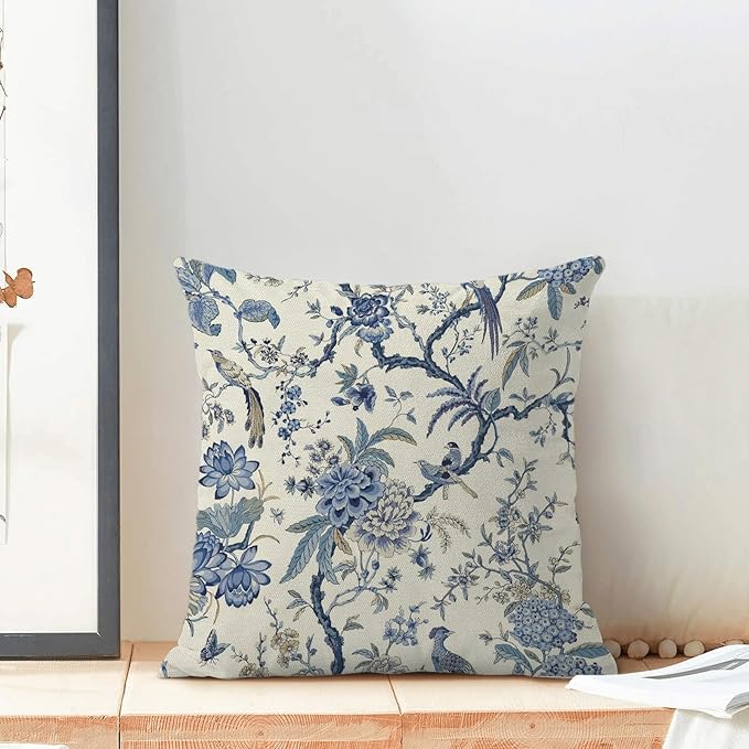 CXMEIFLY Spring Floral Birds Pillow Covers 24 x 24 Inch Set of 2 for Chinoiserie Flowers Decor Throw Pillows Blue and White Plant Outdoor Decorative Cushion Cases for Couch Bed Decorations