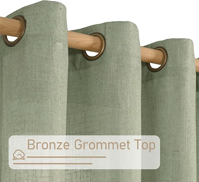 LAMIT Linen Curtains 108 Inches Long for Living Room, Bronze Grommet Linen Textured Sheer Curtains Light Filtering Drapes for Boho Farmhouse, 2 Panels, 52 x 108 Inch, Sage Green