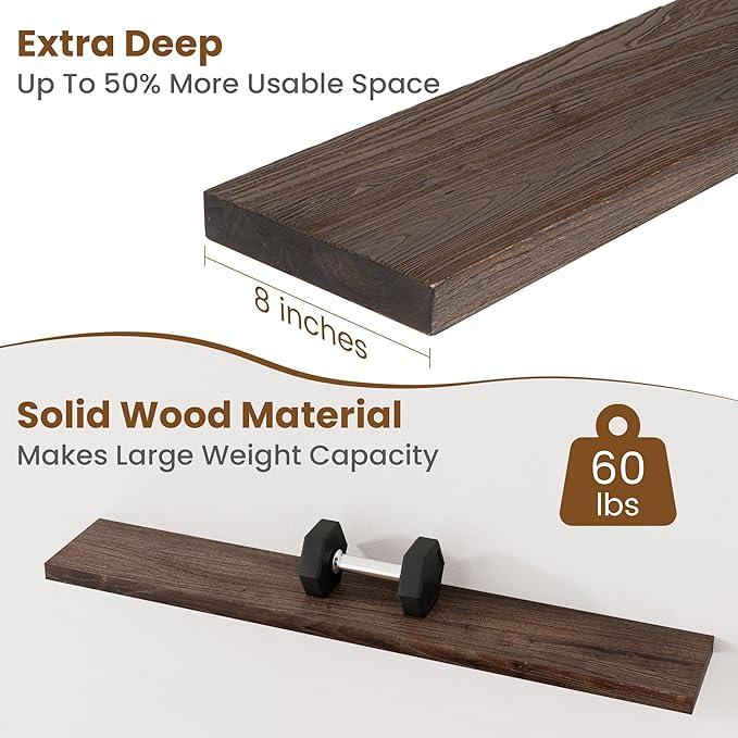 Floating Shelves for Wall Decor, 8 Inch Deep Rustic Solid Elm Wood Floating Shelves Wall Mounted, Wall Shelves with Invisible Bracket for Living Room Bathroom Bedroom Kitchen, 48 Inch Set of 1, Walnut